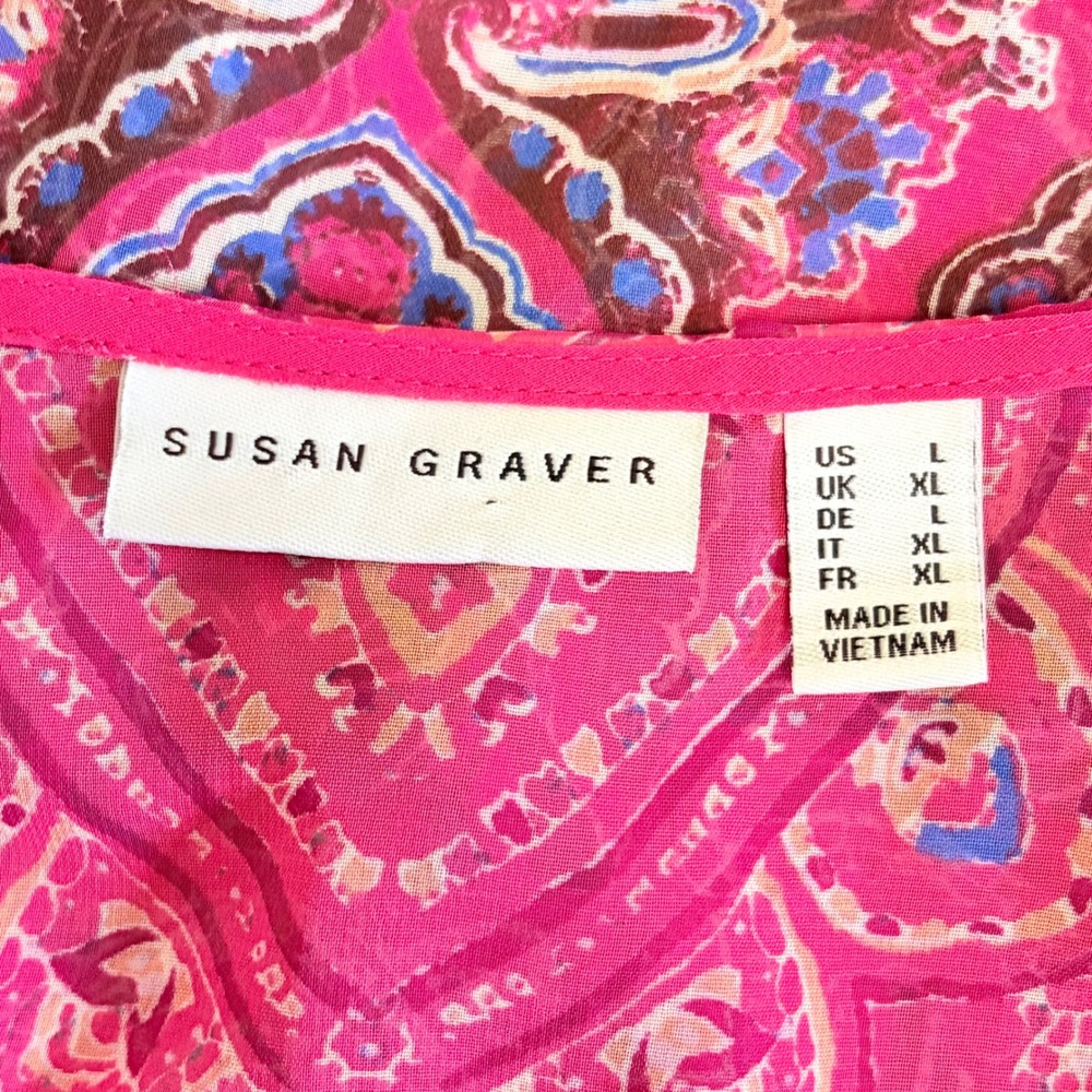 Susan Graver Tunic L Pink Paisley Chiffon Tie Neck Long Sleeve Blouse - Picture 6 of 8
